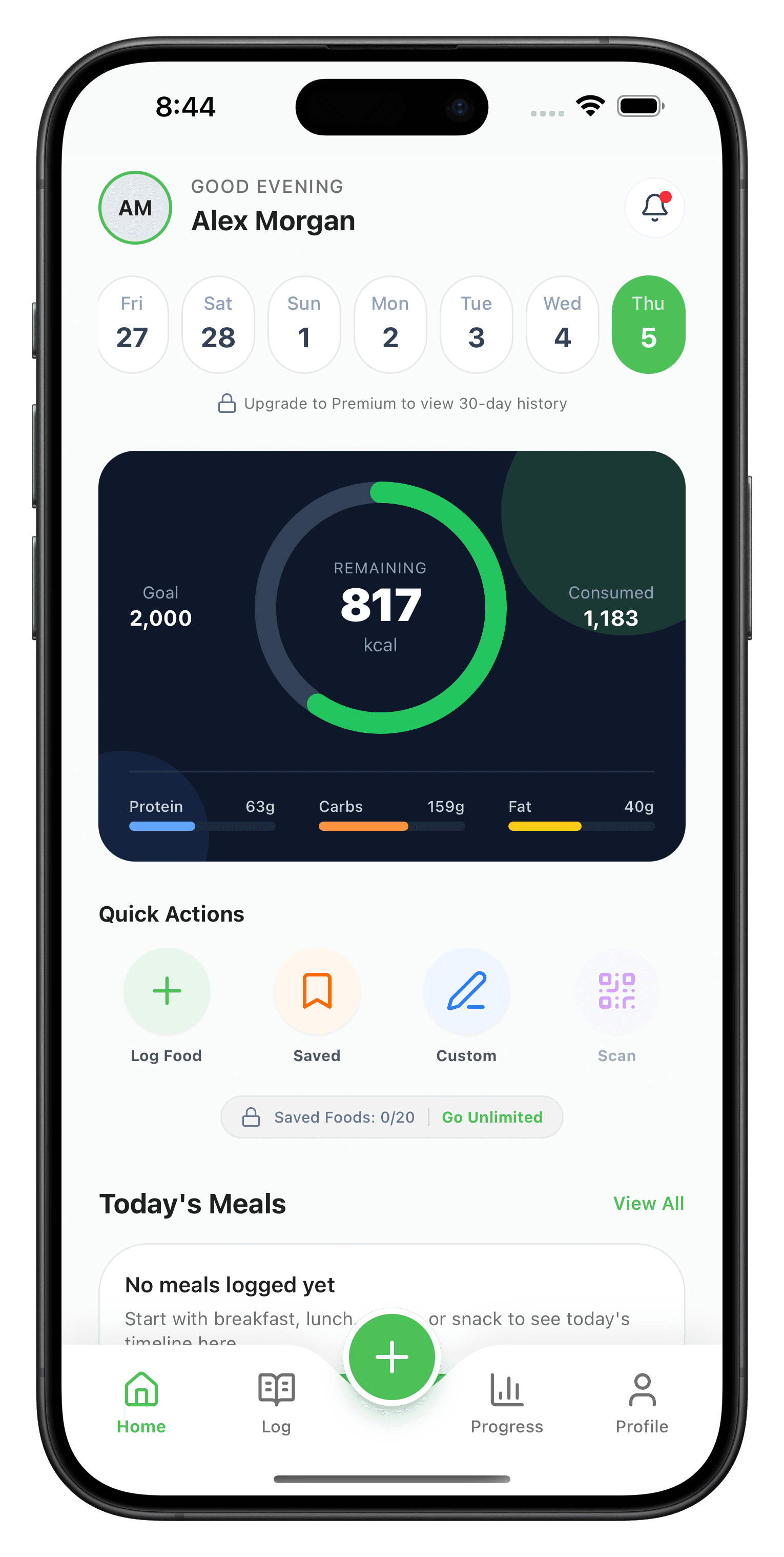 Dashboard with calorie and macro ring