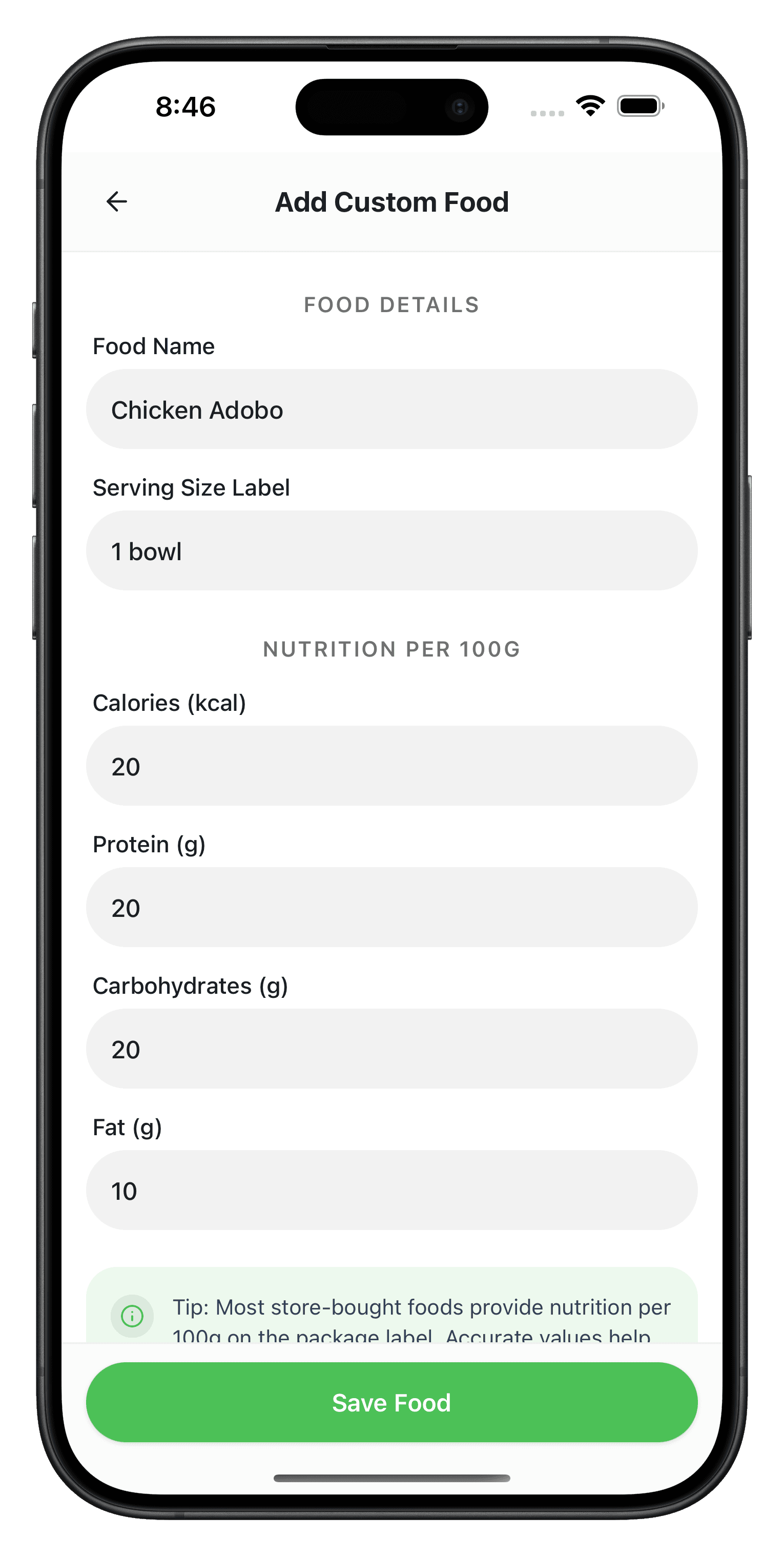 Add custom food nutrition form